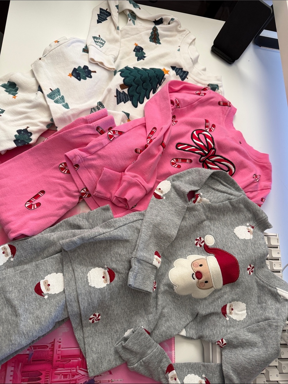 Kids Holiday Pajama Set - Pink, Gray, Cream - Santa, Candy Cane & Tree Prints